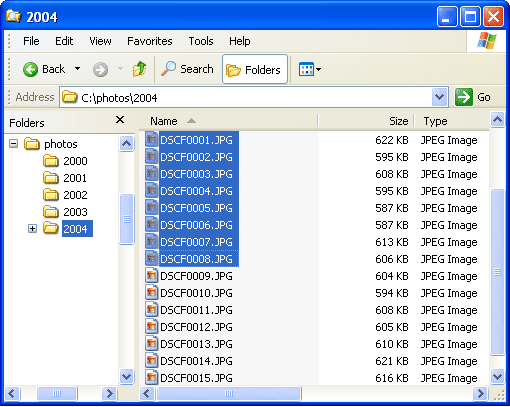 File folder selection in Windows XP