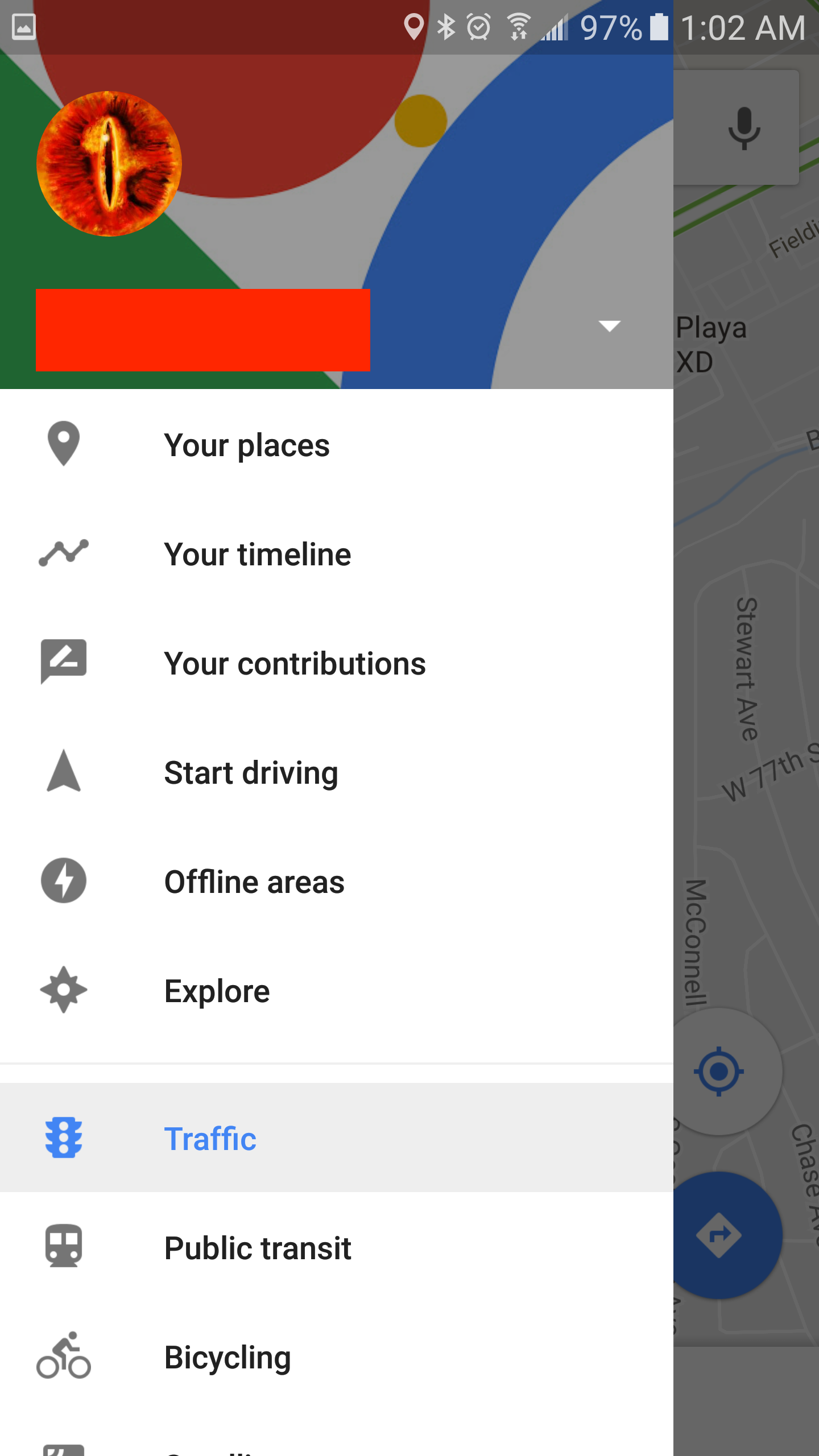 Google Maps menu open example